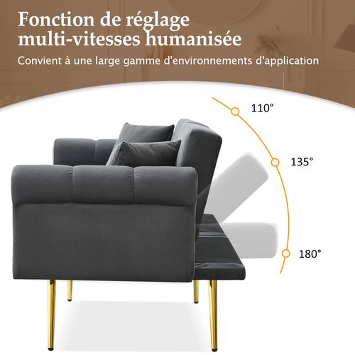 Canapé Convertible 2 Places , Tissu Velours,double Dossier Réglable, Gris Antique,173 X 75 X 70 Cm