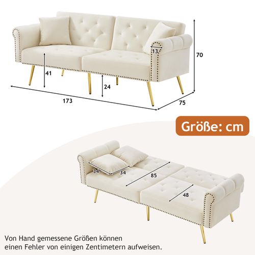 Canapé Convertible 2 Places , Tissu Velours,double Dossier Réglable,beige,173 X 75 X 70 Cm