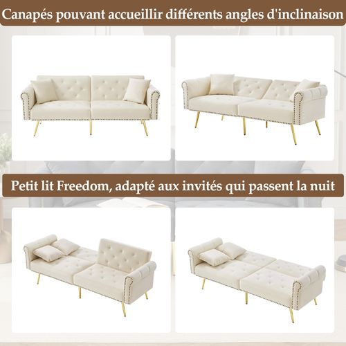 Canapé Convertible 2 Places , Tissu Velours,double Dossier Réglable,beige,173 X 75 X 70 Cm