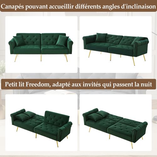 Canapé Convertible 2 Places, Tissu Velours, Double Dossier Réglable, Vert Antique, 173 X 75 X 70 Cm