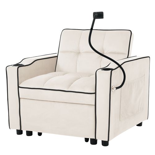 Fauteuil Convertible 1 Place 3 En 1, Canapé Inclinable, Velours, Beige