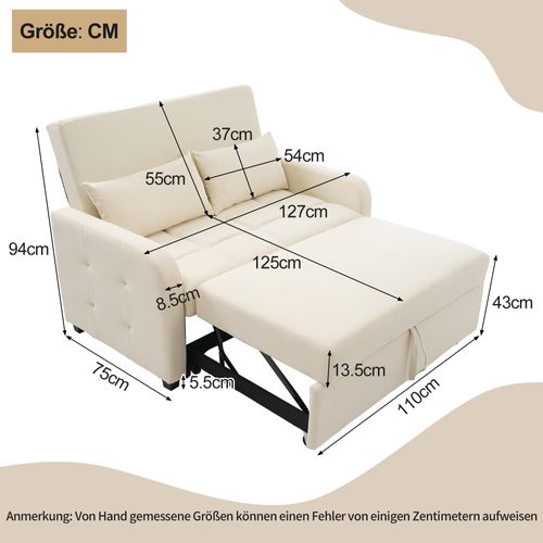 Canapé Convertible 2 Places,canapé-lit Pliant Multifonctionnel,beige,127 X 75 X 94 Cm