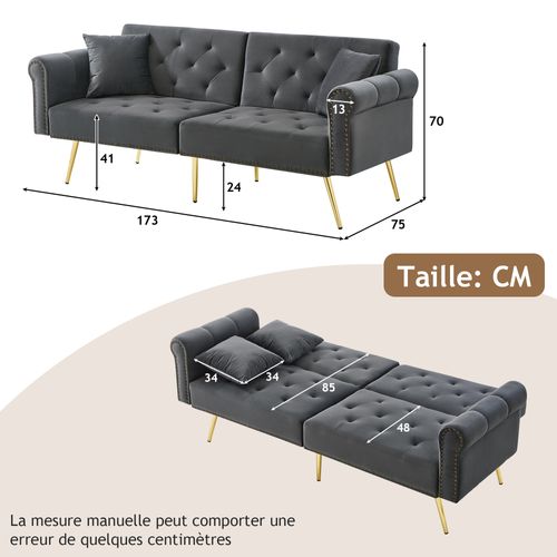 Canapé Deux Places 173x75x70cm, Dossier Réglable Sur Trois Niveaux, 2 Coussins, Gris Antique