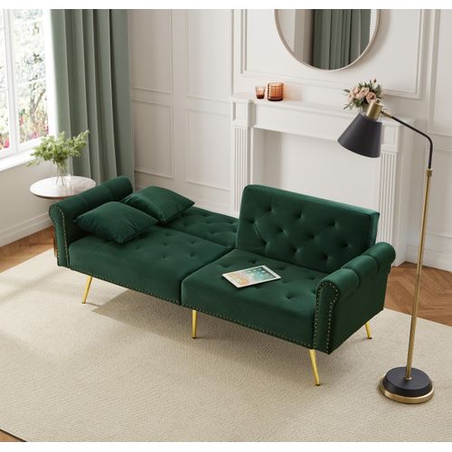 Canapé Deux Places 173x75x70cm, Dossier Réglable Sur Trois Niveaux, 2 Coussins, Vert Antique