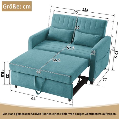 Canapé Double Pliant 114x77x82,5cm, 2 Coussins, Dossier Réglable 3 Positions, Bleu-vert Antique