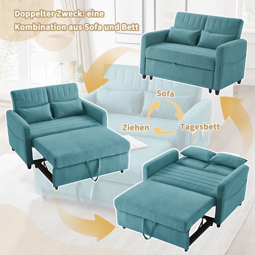 Canapé Double Pliant 114x77x82,5cm, 2 Coussins, Dossier Réglable 3 Positions, Bleu-vert Antique