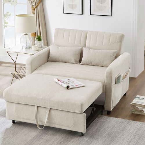 Canapé Double Pliant 114x77x82,5cm, 2 Coussins, Dossier Réglable 3 Positions, Beige