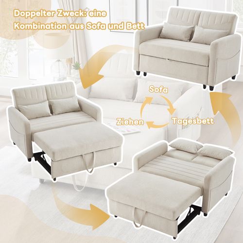 Canapé Double Pliant 114x77x82,5cm, 2 Coussins, Dossier Réglable 3 Positions, Beige