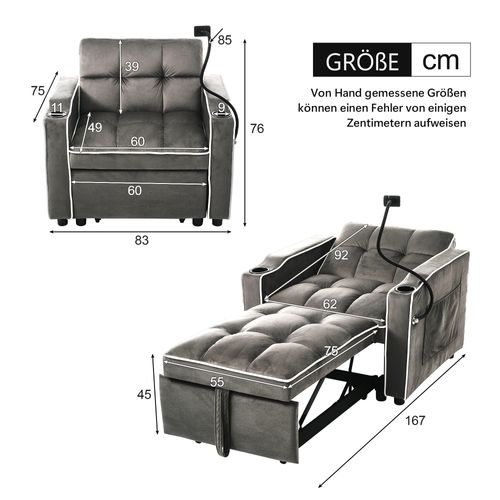 Fauteuil Moderne 83x75x76 Cm, 2 Porte-gobelets, 1 Support Téléphone, Gris Foncé Rustique