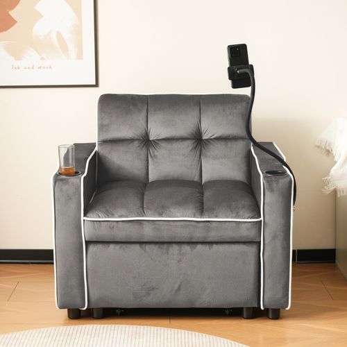 Fauteuil Moderne 83x75x76 Cm, 2 Porte-gobelets, 1 Support Téléphone, Gris Foncé Rustique