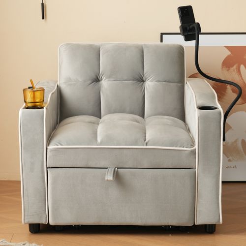Fauteuil Moderne 83x75x76 Cm, 2 Porte-gobelets, 1 Support Téléphone, Gris Clair Rustique