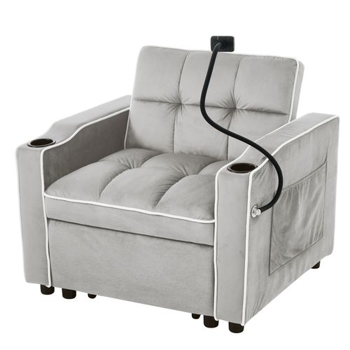 Fauteuil Moderne 83x75x76 Cm, 2 Porte-gobelets, 1 Support Téléphone, Gris Clair Rustique