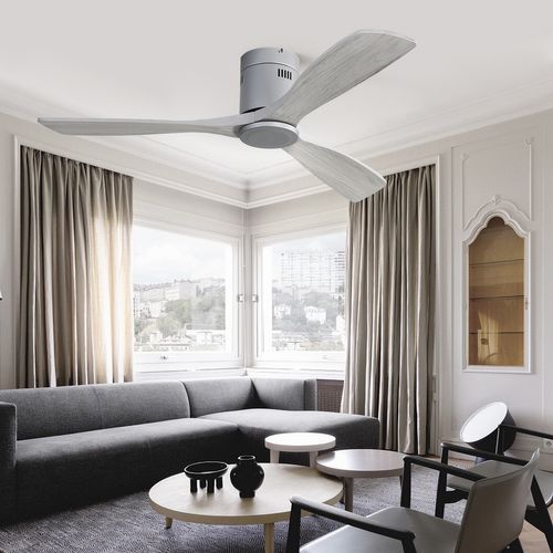 Ventilateur Plafond 52", 3 Pales En Bois Sculpté, 6 Vitesses, Télécommande, Sans Lumière Argent