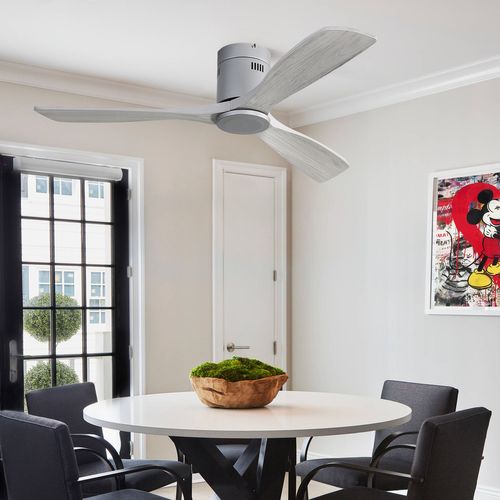 Ventilateur Plafond 52", 3 Pales En Bois Sculpté, 6 Vitesses, Télécommande, Sans Lumière Argent