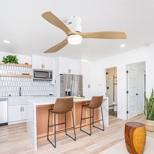 Ventilateur Plafond 52", Avec Télécommande à 6 Vitesses, Blanc, 3 Pales En Bois ,blanc