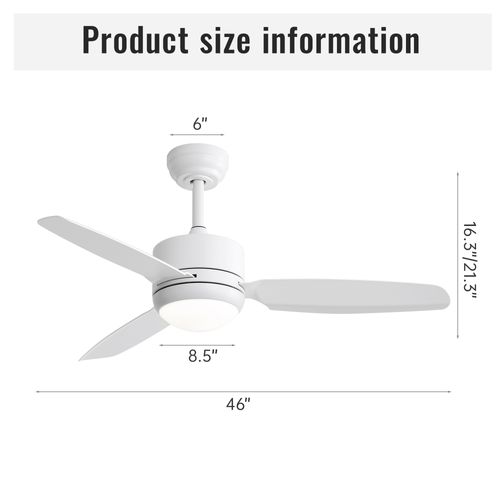Ventilateur Plafond 46" LED 3 Pales En Abs, Moteur à Courant Continu à 6 Vitesses,lames Blanches