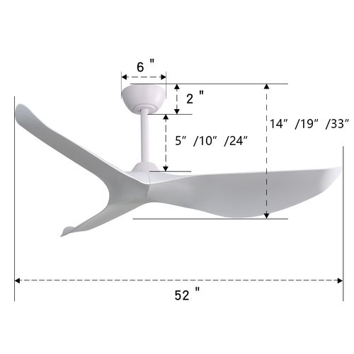 Ventilateur Plafond 52",avec Télécommande 6 Vitesses, 3 Lames Abs, Moteur Dc Réversible, Blanc