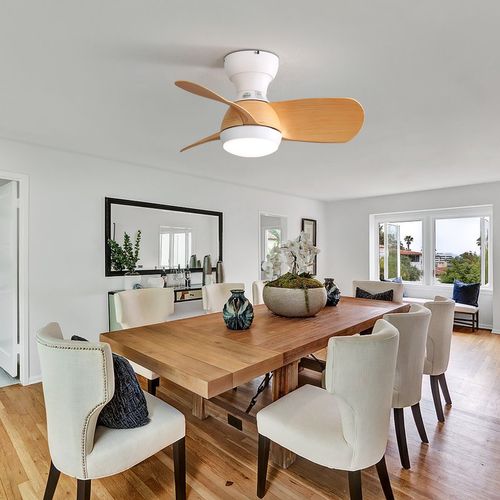 Ventilateur Plafond 23",avec Variateur 3 Couleurs, 3 Pales En Abs, Télécommande, Couleur Bois Clair