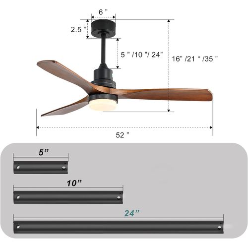 Ventilateur Plafond 52", Télécommande à 6 Vitesses Lumière LED Tricolore Couleur Bois De Noyer