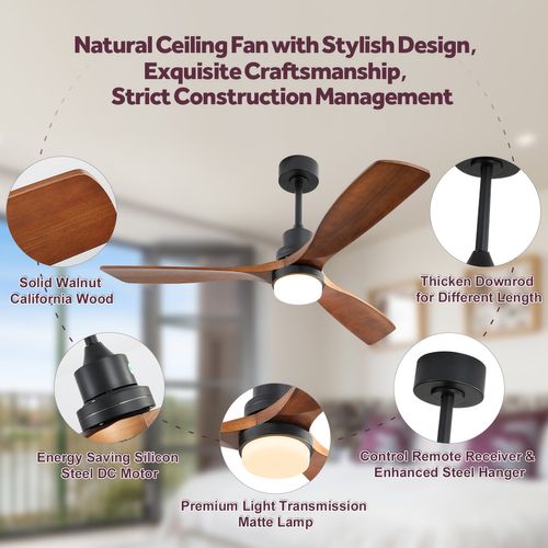 Ventilateur Plafond 52", Télécommande à 6 Vitesses Lumière LED Tricolore Couleur Bois De Noyer