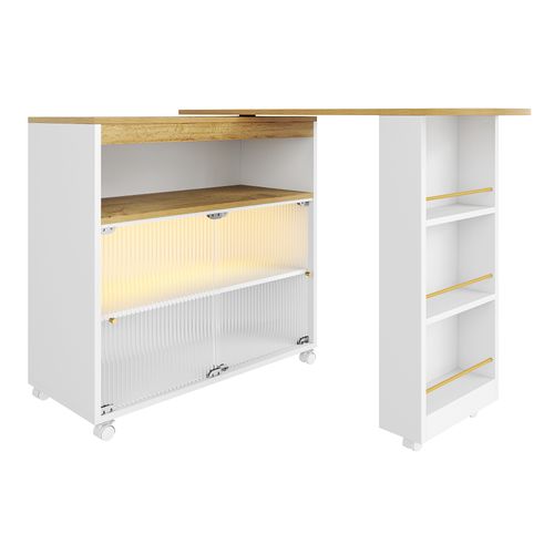 Meuble De Bar LED Avec Roulettes, Table De Bar Pivotante à 360° Blanc, Buffet De Cuisine, Mdf