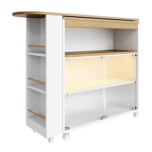 Meuble De Bar LED Avec Roulettes, Table De Bar Pivotante à 360° Blanc, Buffet De Cuisine, Mdf