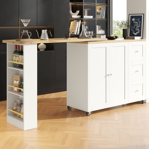 Meuble De Bar Avec Roulettes, Pivotant 360°, 3 Tiroirs, 2 Portes, Table à Manger Mobile, Mdf, Blanc