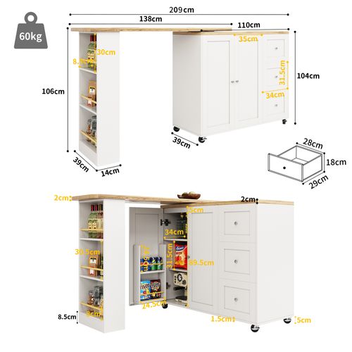 Meuble De Bar Avec Roulettes, Pivotant 360°, 3 Tiroirs, 2 Portes, Table à Manger Mobile, Mdf, Blanc
