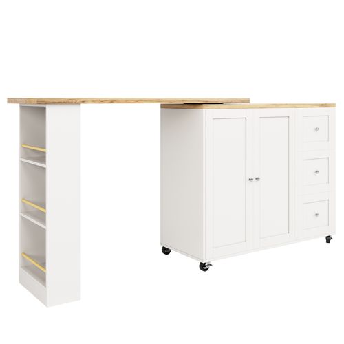 Meuble De Bar Avec Roulettes, Pivotant 360°, 3 Tiroirs, 2 Portes, Table à Manger Mobile, Mdf, Blanc