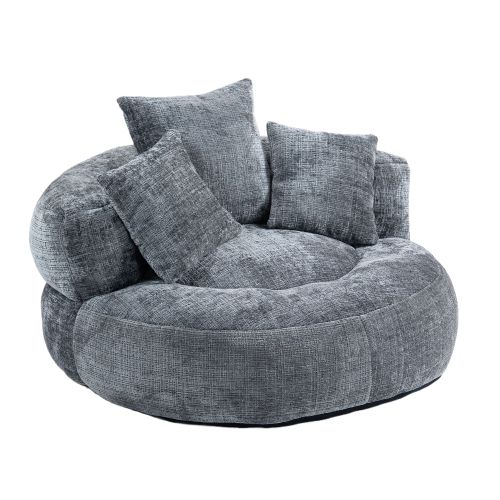 Fauteuil Fixe Poire Rond Avec Dossier Et 3 Coussins, Chenille, Gris