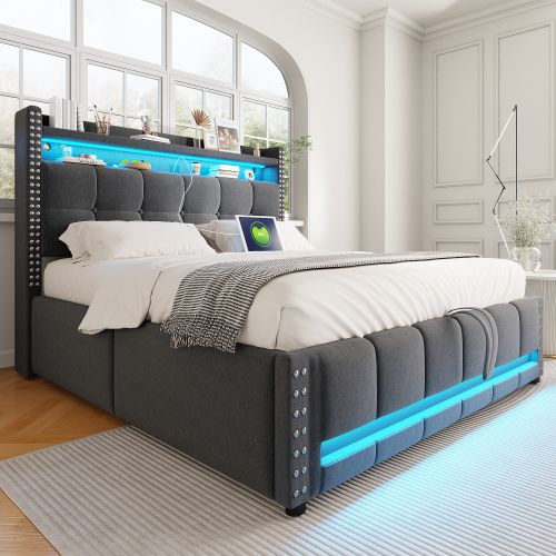 Lit Coffre 160x200 Cm Lit Adulte Avec Éclairage LED Télécommandé, Prise USB, Lin, Gris