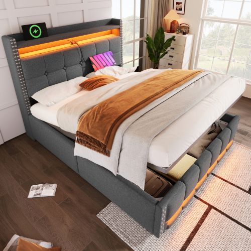 Lit Coffre 160x200 Cm Lit Adulte Avec Éclairage LED Télécommandé, Prise USB, Lin, Gris