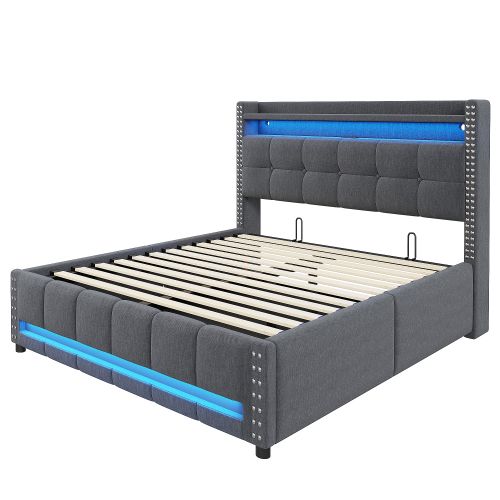 Lit Coffre 160x200 Cm Lit Adulte Avec Éclairage LED Télécommandé, Prise USB, Lin, Gris