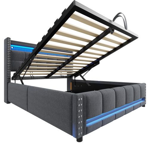Lit Coffre 160x200 Cm Lit Adulte Avec Éclairage LED Télécommandé, Prise USB, Lin, Gris