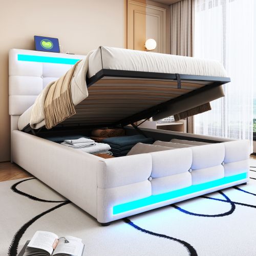 Lit Coffre 90x200 Cm Lit Enfant Ave USB, Bande Lumineuse LED Changeante De Couleur, Lin, Beige