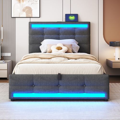 Lit Coffre 90x200 Cm Lit Enfant Avec USB, Bande Lumineuse LED Changeante De Couleur, Lin, Gris