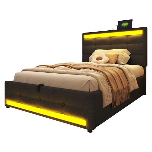 Lit Coffre 90x200 Cm Lit Enfant Avec USB, Bande Lumineuse LED Changeante De Couleur, Lin, Gris