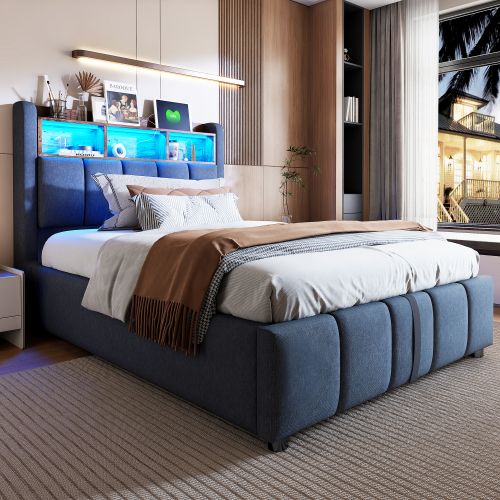 Lit Coffre Enfant 90x200 Cm Avec Éclairage LED, USB, Tête De Lit Avec Rangements, Lin, Gris