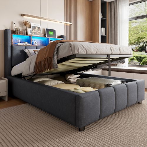 Lit Coffre Enfant 90x200 Cm Avec Éclairage LED, USB, Tête De Lit Avec Rangements, Lin, Gris