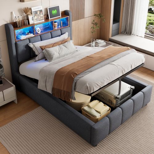 Lit Coffre Enfant 90x200 Cm Avec Éclairage LED, USB, Tête De Lit Avec Rangements, Lin, Gris