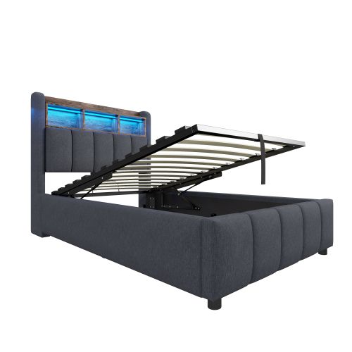 Lit Coffre Enfant 90x200 Cm Avec Éclairage LED, USB, Tête De Lit Avec Rangements, Lin, Gris