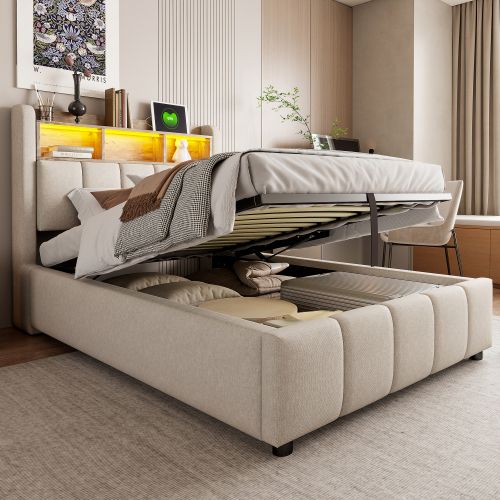 Lit Coffre Enfant 90x200 Cm Avec Éclairage LED, USB, Tête De Lit Avec Rangements, Lin, Beige