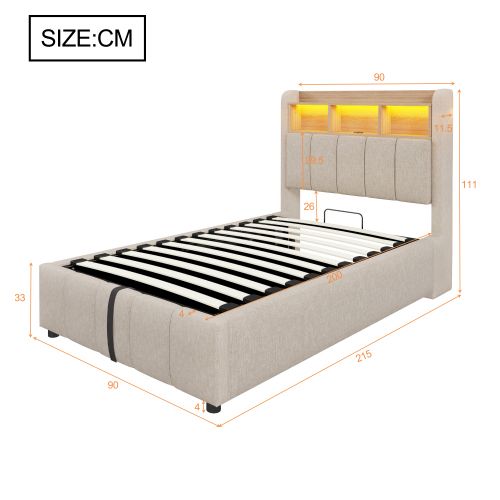 Lit Coffre Enfant 90x200 Cm Avec Éclairage LED, USB, Tête De Lit Avec Rangements, Lin, Beige