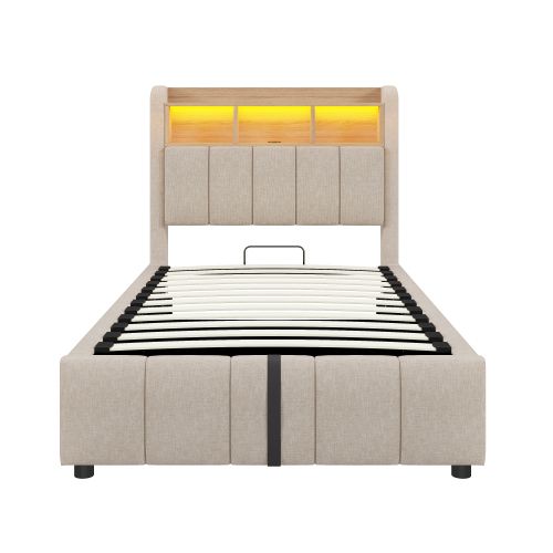 Lit Coffre Enfant 90x200 Cm Avec Éclairage LED, USB, Tête De Lit Avec Rangements, Lin, Beige
