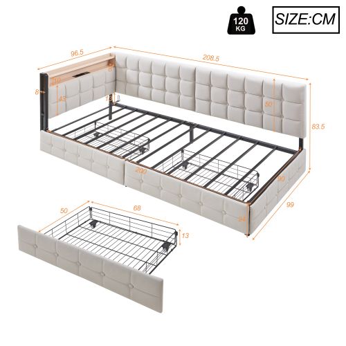 Lit Enfant 90x200 Cm Avec 2 Tiroirs, Lumière LED, Ports USB Et Type-c, Beige