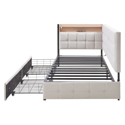 Lit Enfant 90x200 Cm Avec 2 Tiroirs, Lumière LED, Ports USB Et Type-c, Beige