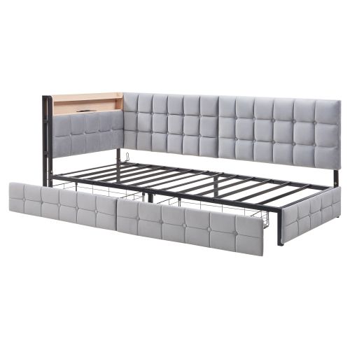 Lit Enfant 90x200 Cm Avec 2 Tiroirs, Lumière LED, Ports USB Et Type-c, Gris