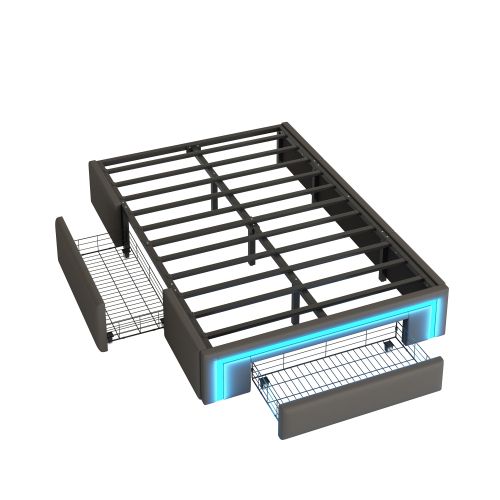 Lit Enfant 90x200 Cm Avec 2 Tiroirs, Éclairage LED, Cuir Pu, Sans Tête De Lit, Gris