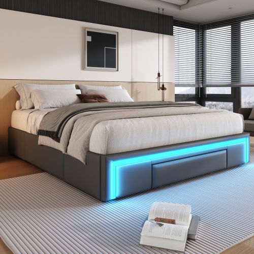 Lit Adulte 160x200 Cm Avec 3 Tiroirs, Éclairage LED, Cuir Pu, Sans Tête De Lit, Gris