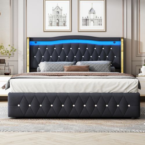 Lit Coffre 160x200 Cm Lit Adulte Avec Lumière LED, Décor Diamant, Velours, Noir